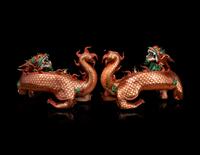 A Pair of Chinese Coral-Ground Gilt and Green Enameled Porcelain Dragons