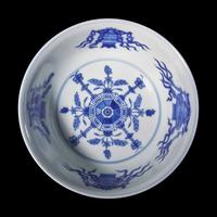 A Chinese Famille Rose Ruby-Ground Sgraffito 'Medallion' Bowl, Late 19th/Early 20th Century — 晚清/民國 內青花外粉彩軋道胭脂紅地開光五穀豐登博古紋碗