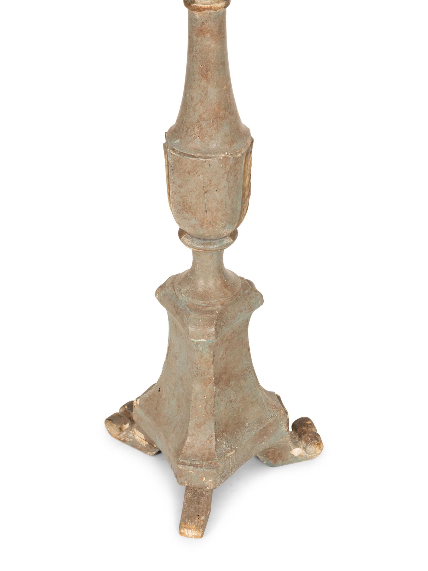 A Pair of Italian Green Painted and Parcel Gilt Pricket Sticks Now Mounted as Lamps