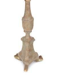 A Pair of Italian Green Painted and Parcel Gilt Pricket Sticks Now Mounted as Lamps