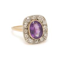 PLATINUM-TOPPED GOLD, AMETHYST AND DIAMOND RING