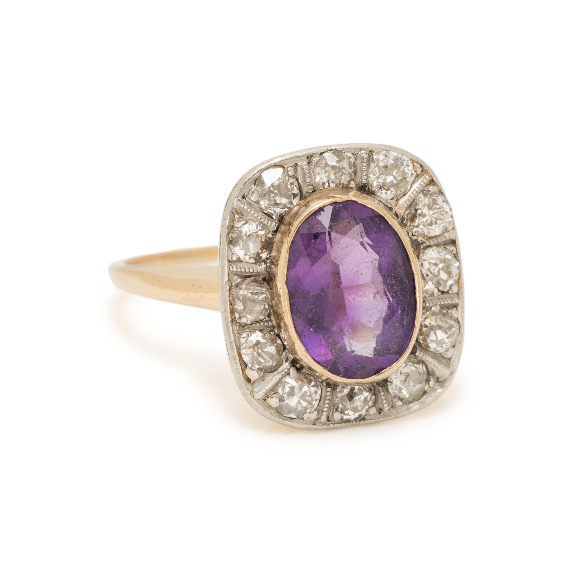 PLATINUM-TOPPED GOLD, AMETHYST AND DIAMOND RING