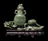A Set of Chinese Spinach Jade Scholar's Set