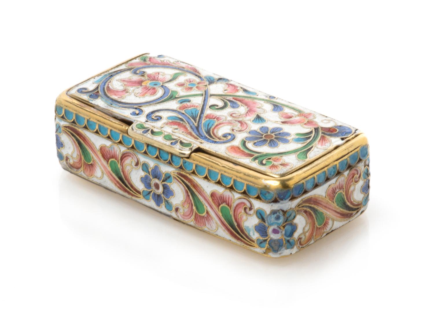 A Russian Enameled Silver Snuff Box, Mark of V. Rassadin, kokoshnik mark of Ivan Lebedkin, Moscow, the case having a white enameled gro