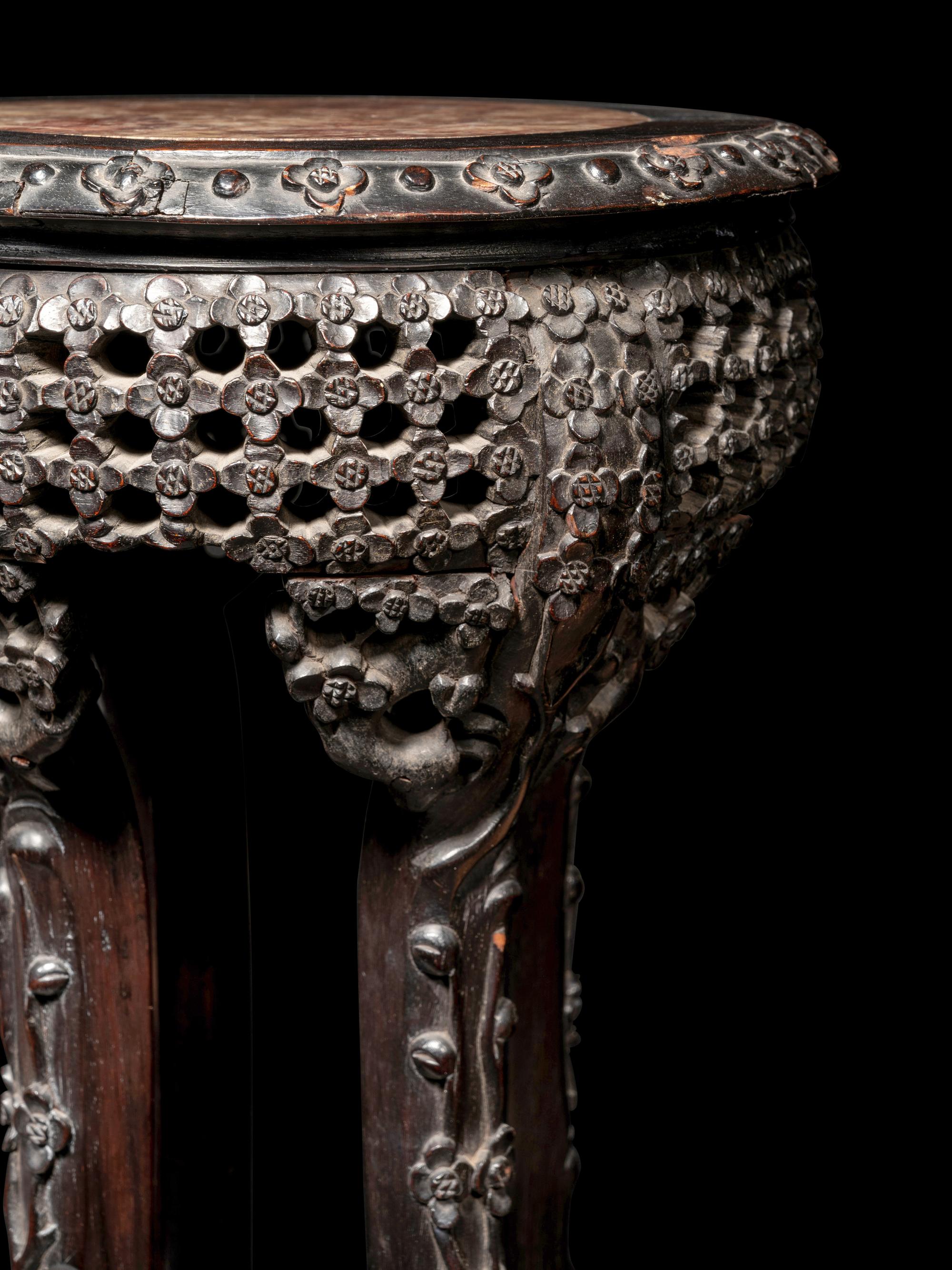 Three Chinese Marble Top Inset Hardwood Stands