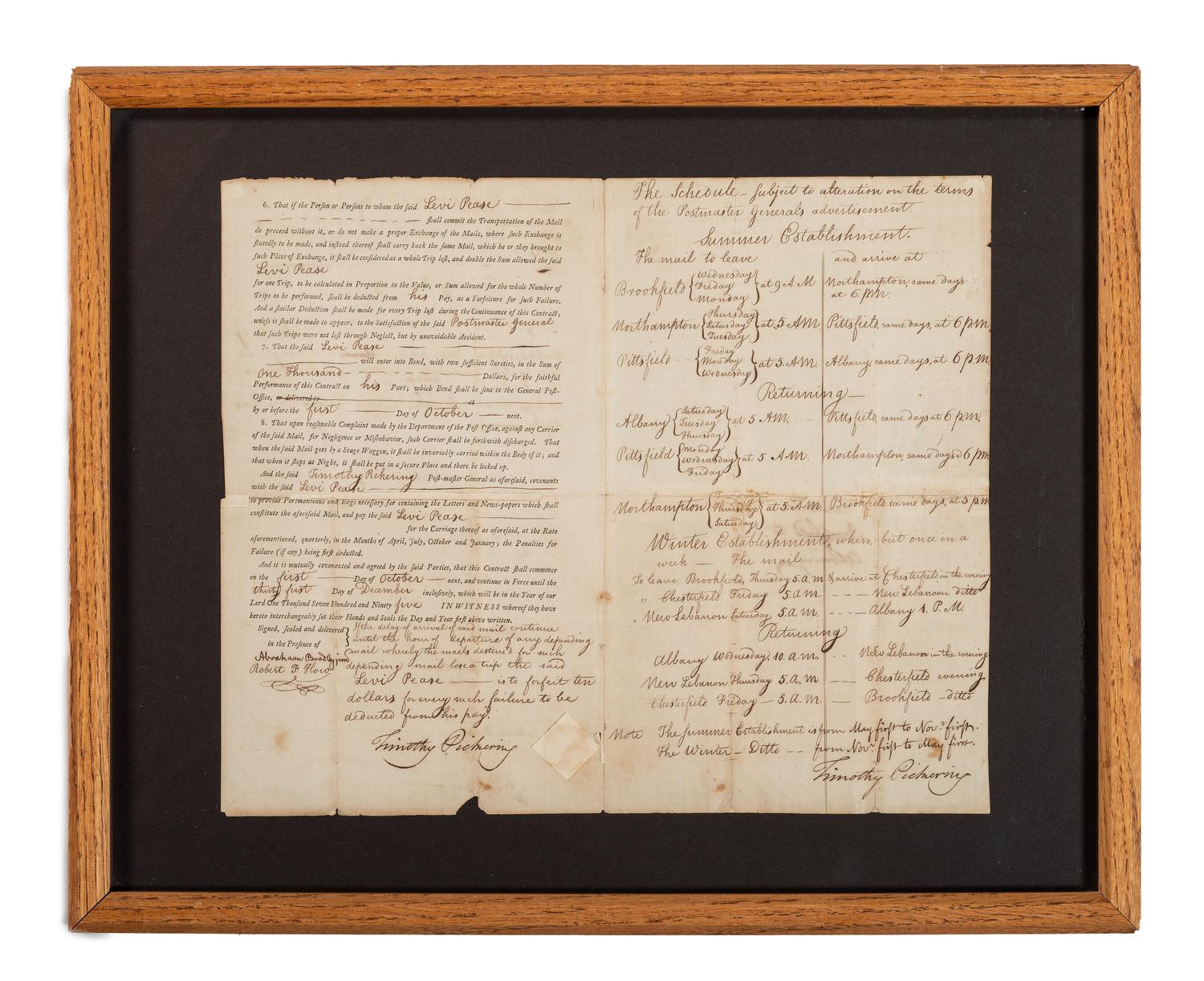 [POSTAL HISTORY]. PICKERING, Timothy (1745-1829). Document twice signed ("Timothy Pickering") for Levi PEASE (1740-1824), as Postmaster General. N,p., 4 September 1794.