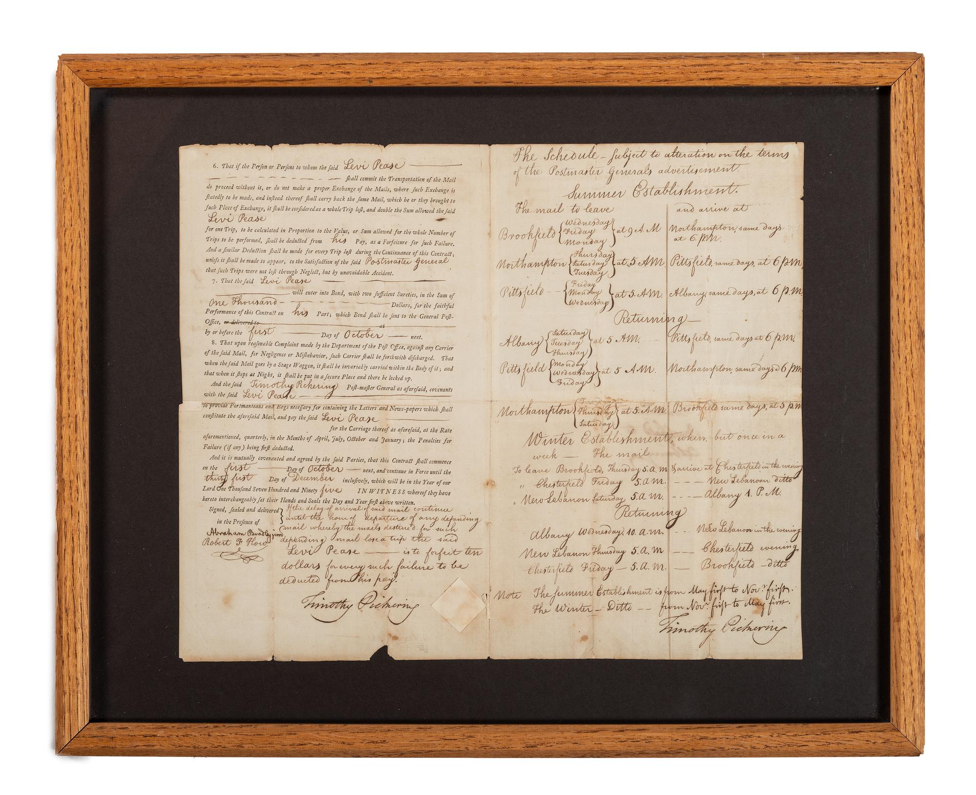 [POSTAL HISTORY]. PICKERING, Timothy (1745-1829). Document twice signed ("Timothy Pickering") for Levi PEASE (1740-1824), as Postmaster General. N,p., 4 September 1794.