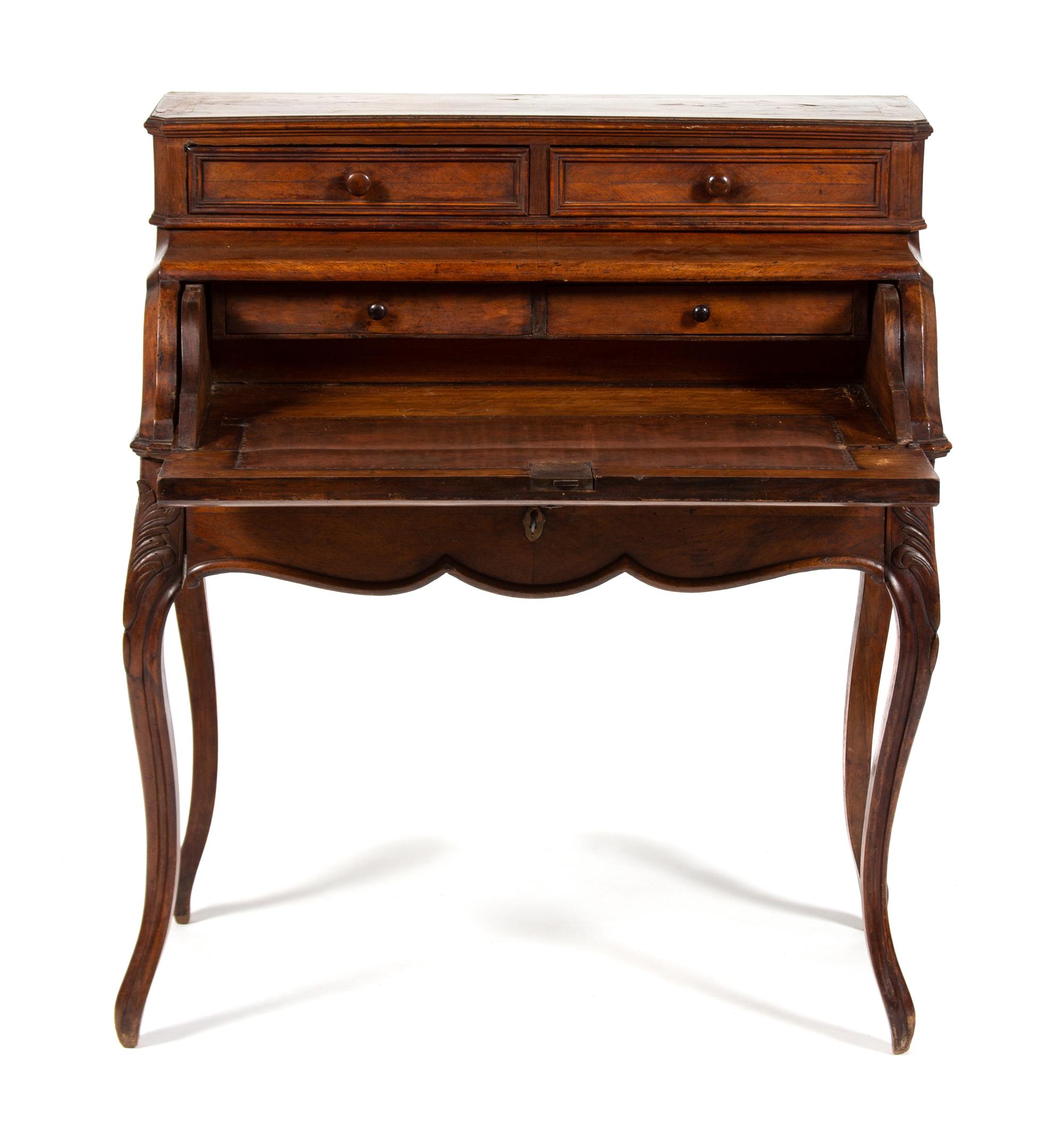 A French Provincial Fruitwood Desk Heigh 41 1/2 x width 34 1/2 x depth 19 1/2 inches. — 19TH CENTURY