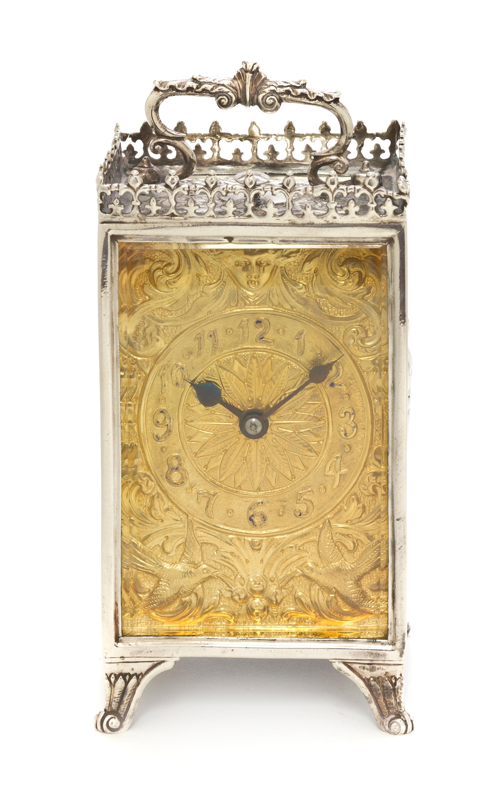 A Victorian Gilt-Silver Repeater Carriage Clock, Carrington & Co, Height over handle 6 1/4 inches.