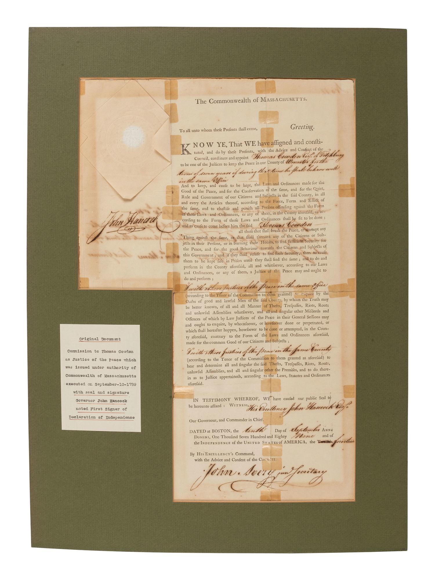 HANCOCK, John (1737-1793). Partly printed document signed ("John Hancock"), as Governor of Massachusetts, endorsed by Samuel ADAMS, (1722-1803), as Lieutenant Governor. Boston, 10 September 1789.