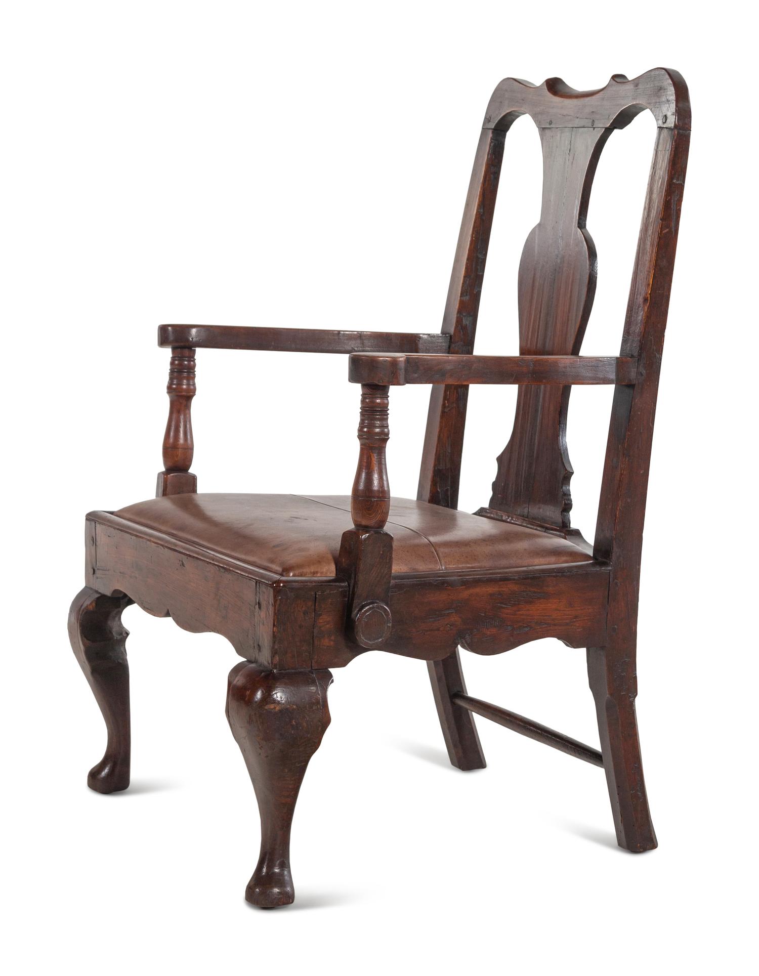 A Queen Anne Elm Armchair with Leather Upholstery