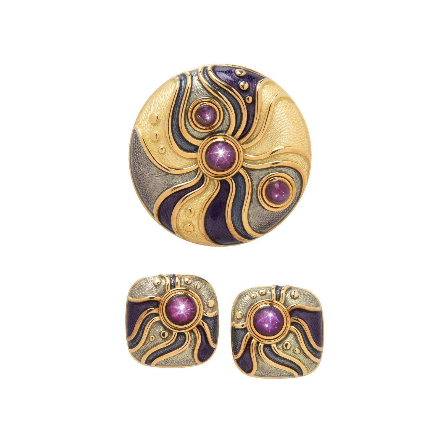DE VROOMEN, STAR RUBY AND ENAMEL BROOCH AND EARRINGS