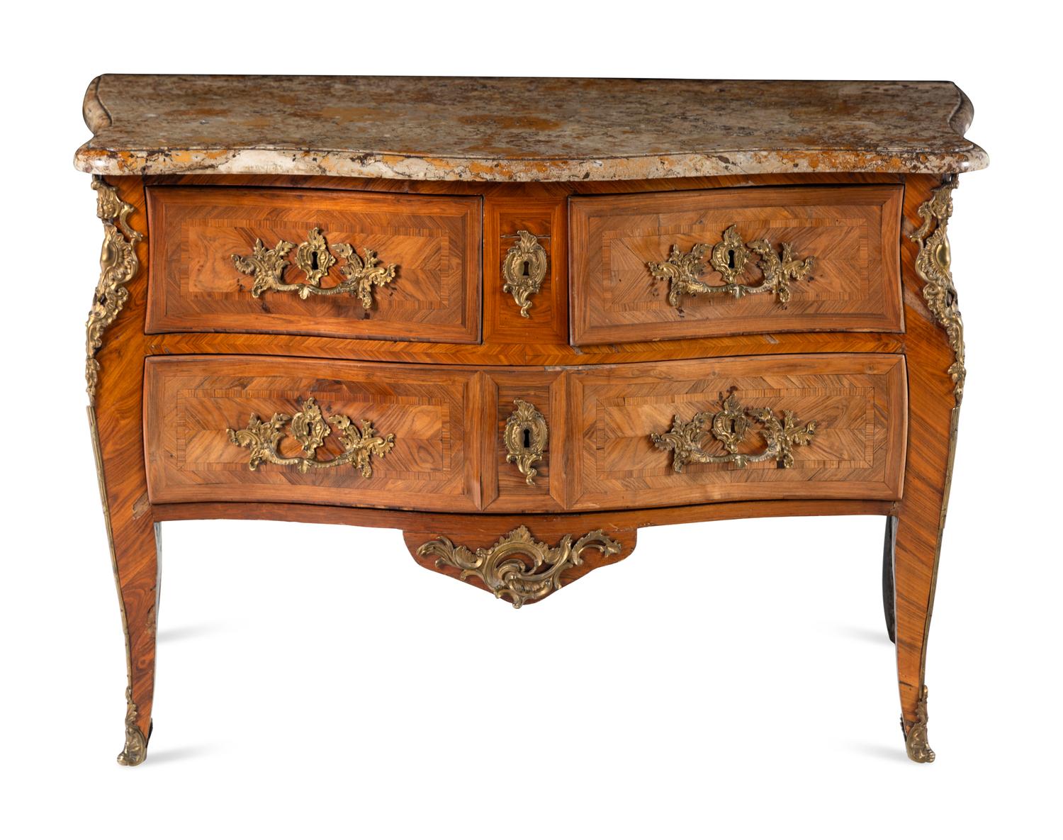 A Louis XV Gilt Bronze Mounted Tulipwood Marble-Top Commode