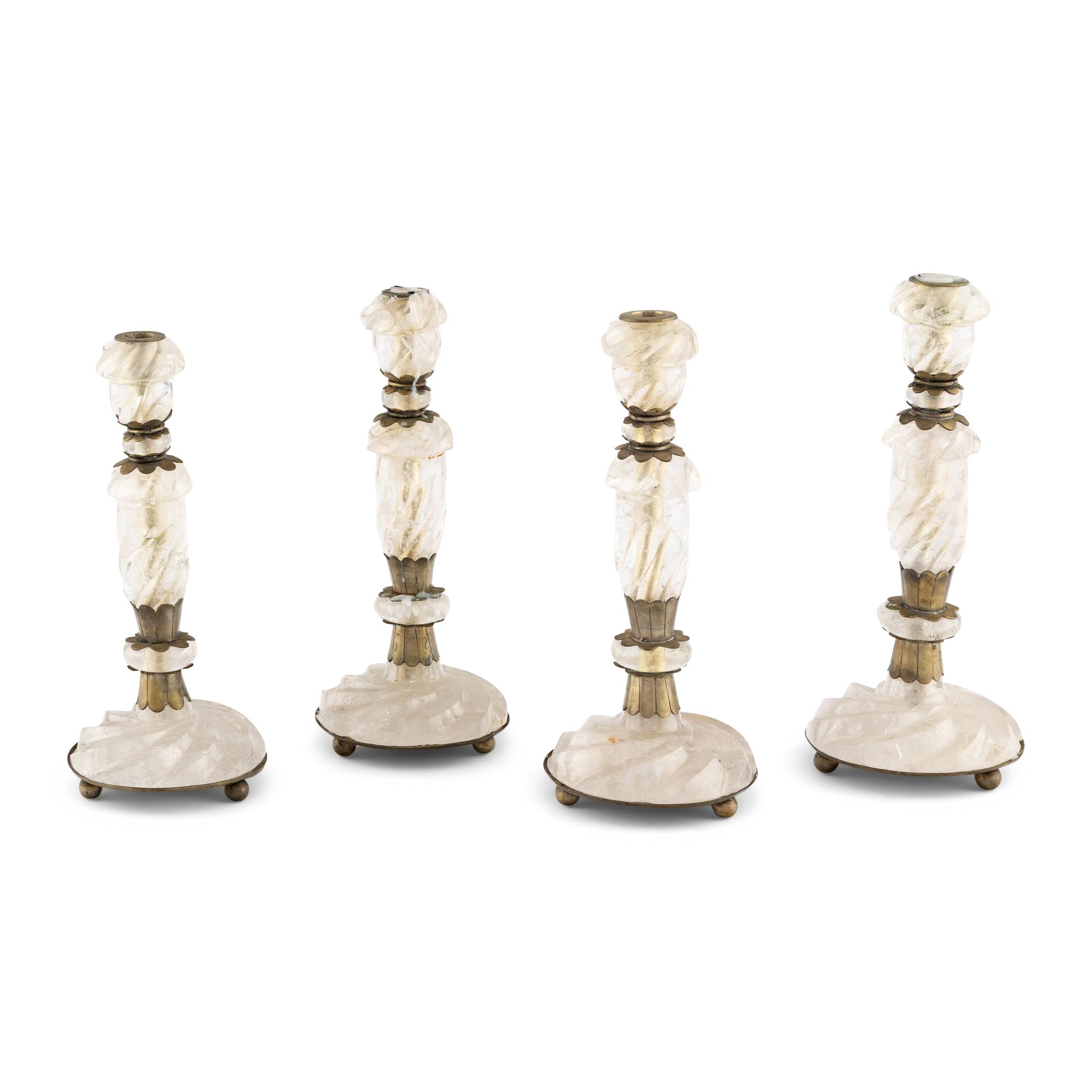 A Set of Four Baroque Style Metal Mounted Rock Crystal Candlesticks