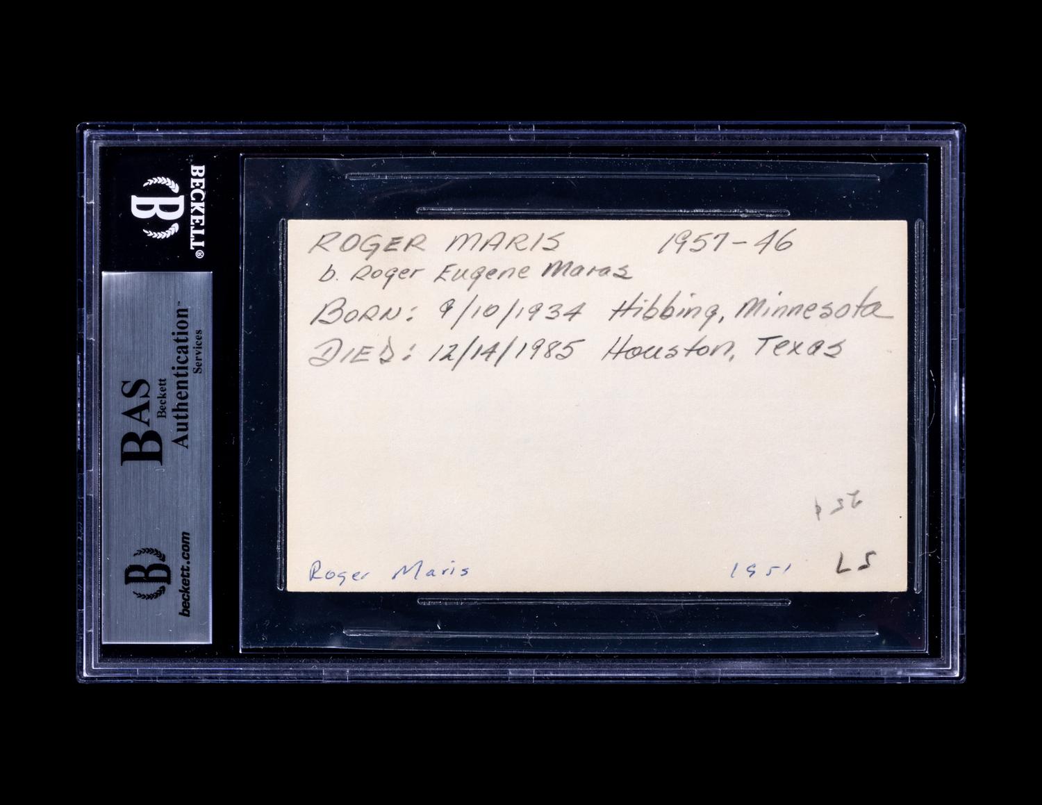A Roger Maris Single Signed Autograph Index Card (Beckett Authentication Services Encapsulated),