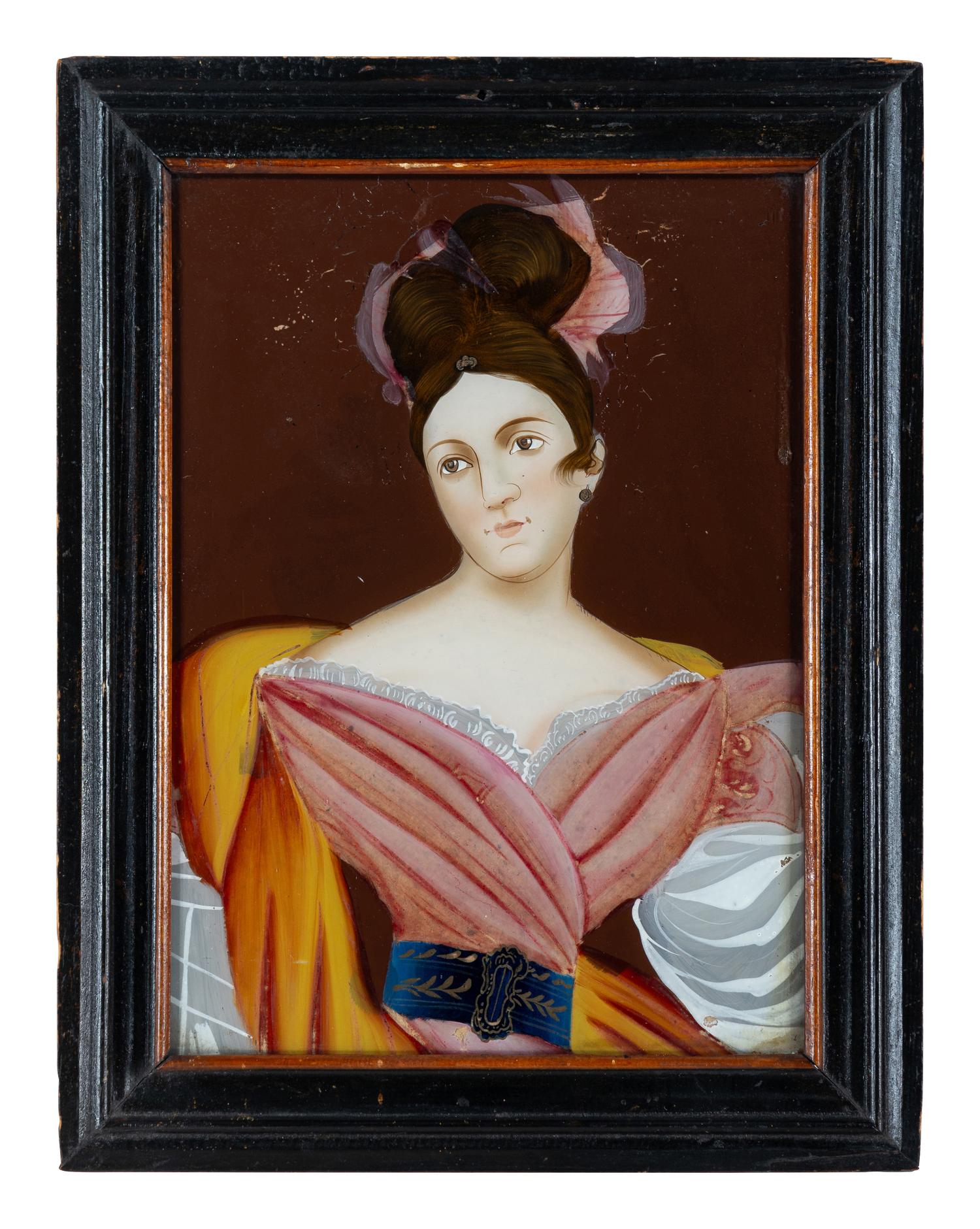 A Chinese Export Reverse Painted Glass Portrait of a Young Lady
