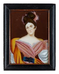 A Chinese Export Reverse Painted Glass Portrait of a Young Lady