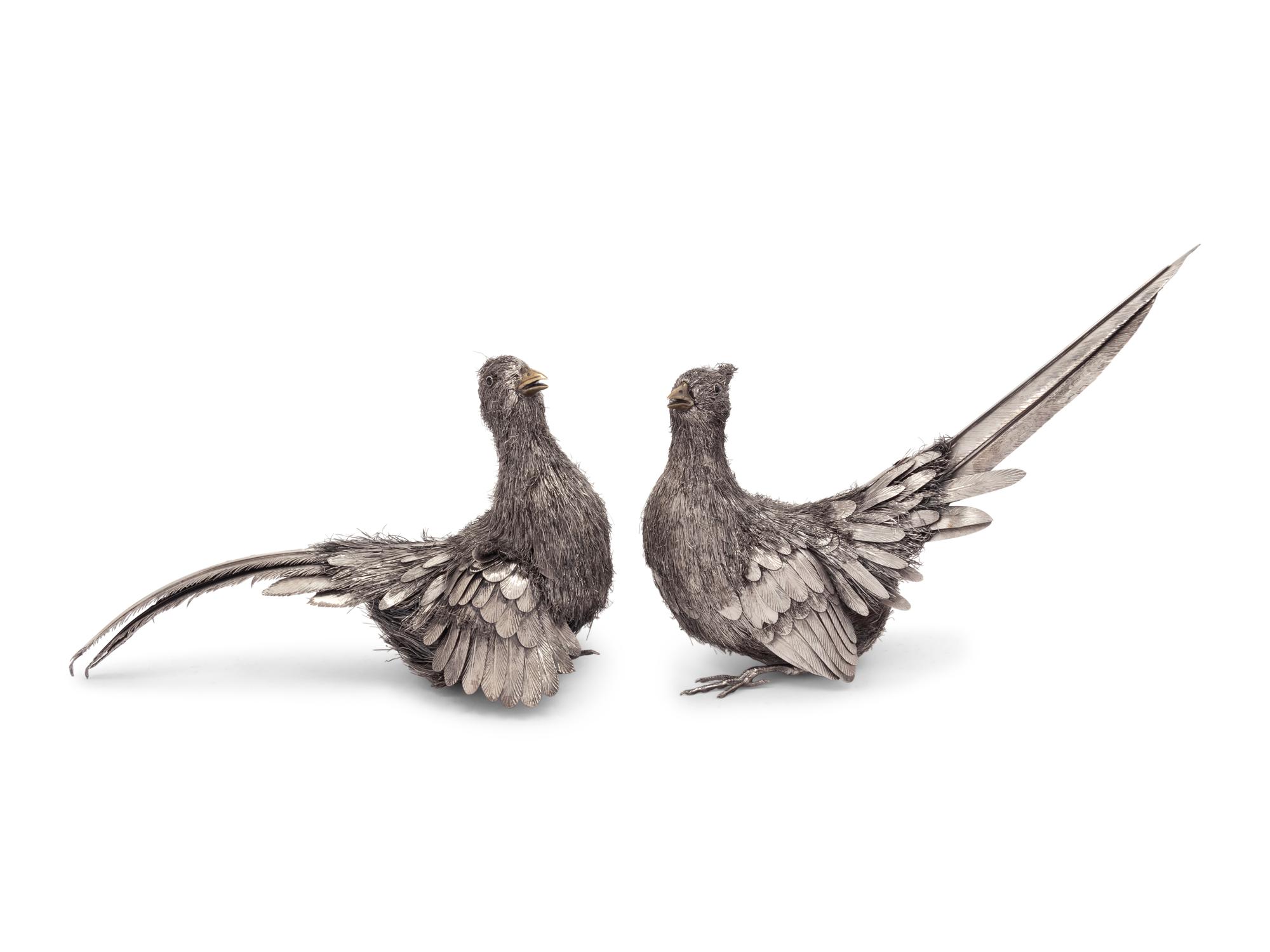 Two Buccellati Silver Furry Pheasant Figures