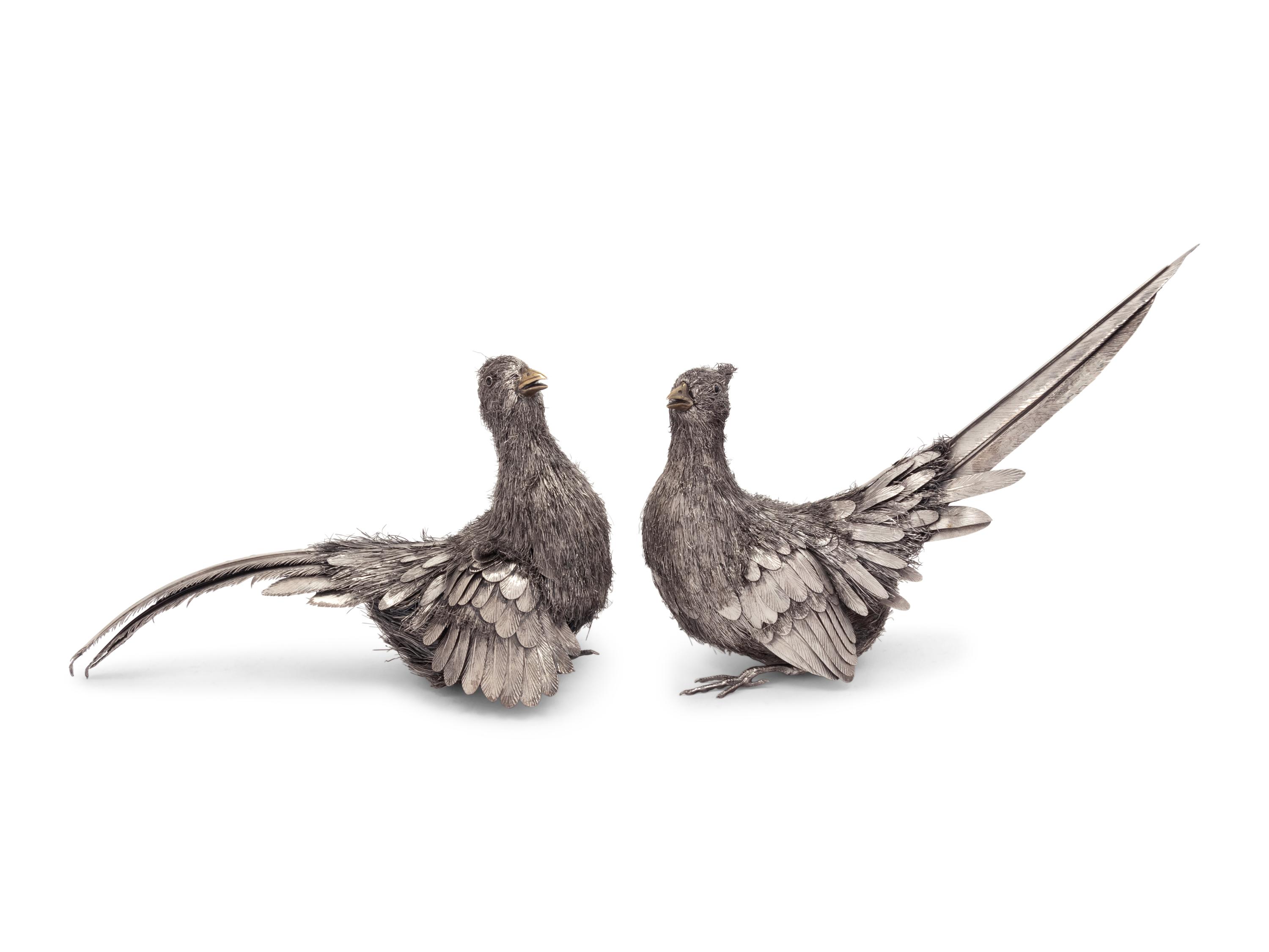 Two Buccellati Silver Furry Pheasant Figures