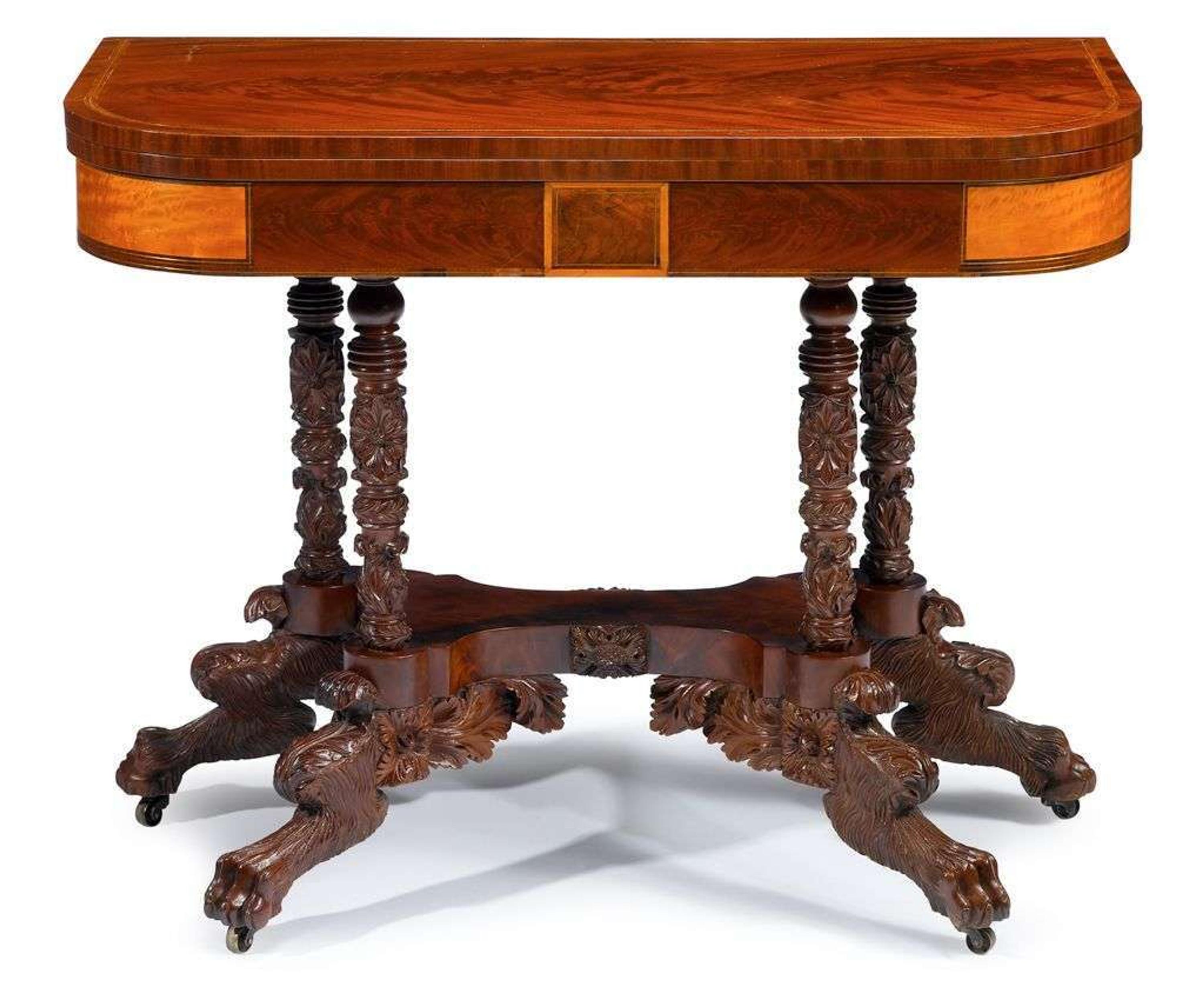 Classical mahogany inlaid folding top games table new york, early 19th century