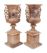 A Pair of Carved Alabaster Urns