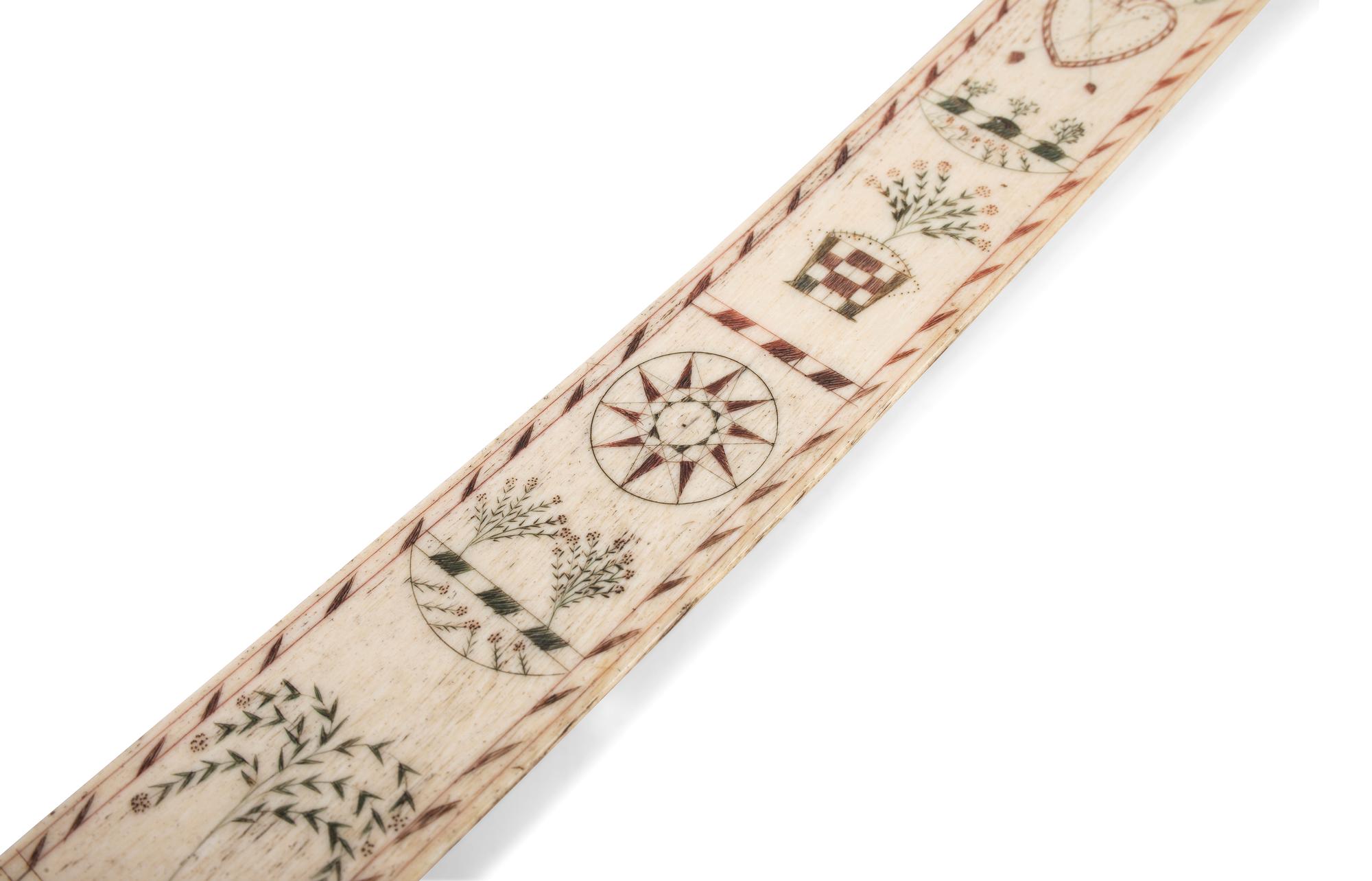 A Scrimshaw Decorated and Polychromed Painted Whalebone Busk