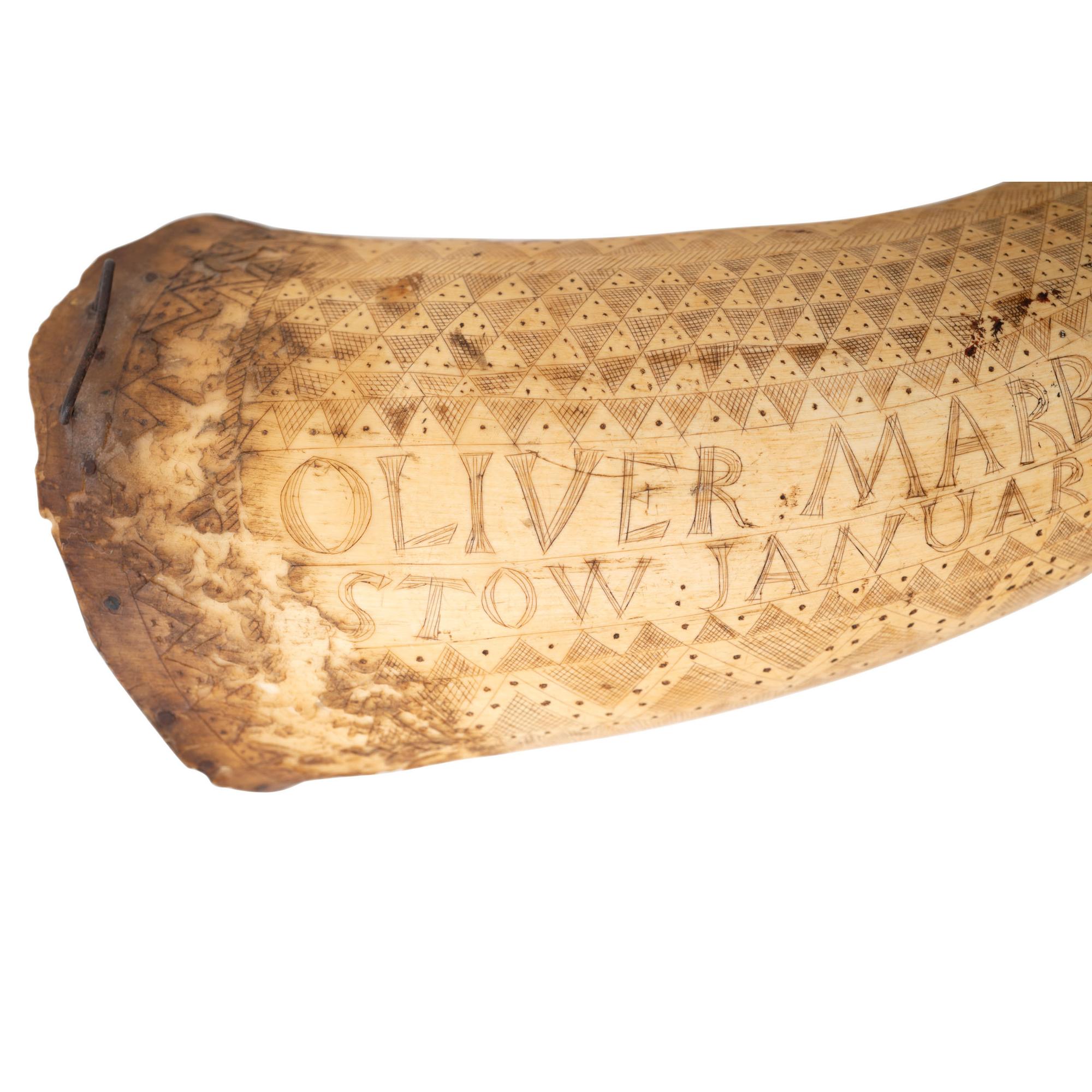 Carved Powder Horn of Revolutionary War Veteran Oliver Marble of Stow, MA