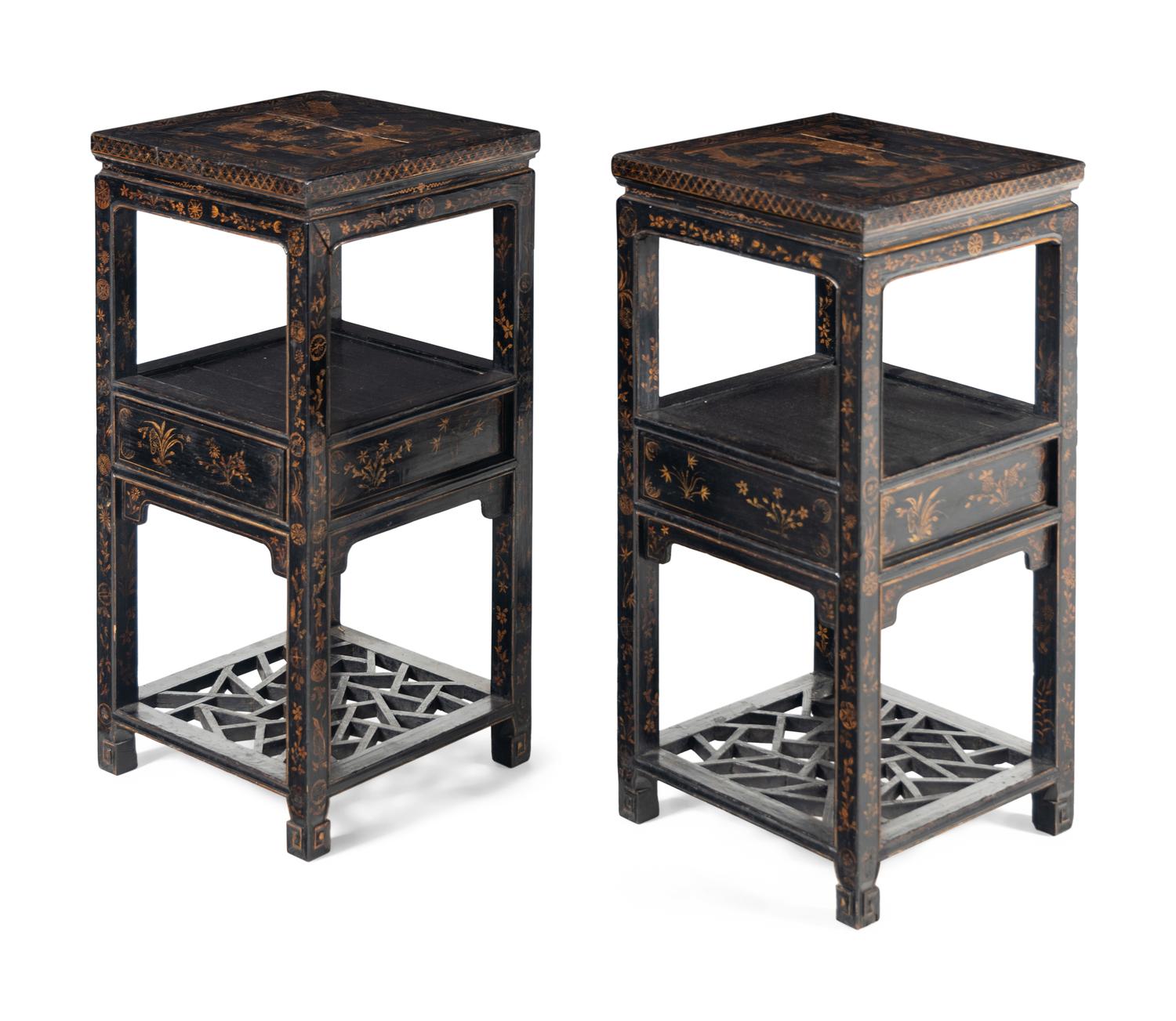 A Pair of Chinese Gilt-Decorated Black Lacquer Jardinière Stands