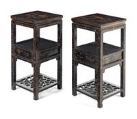 A Pair of Chinese Gilt-Decorated Black Lacquer Jardinière Stands
