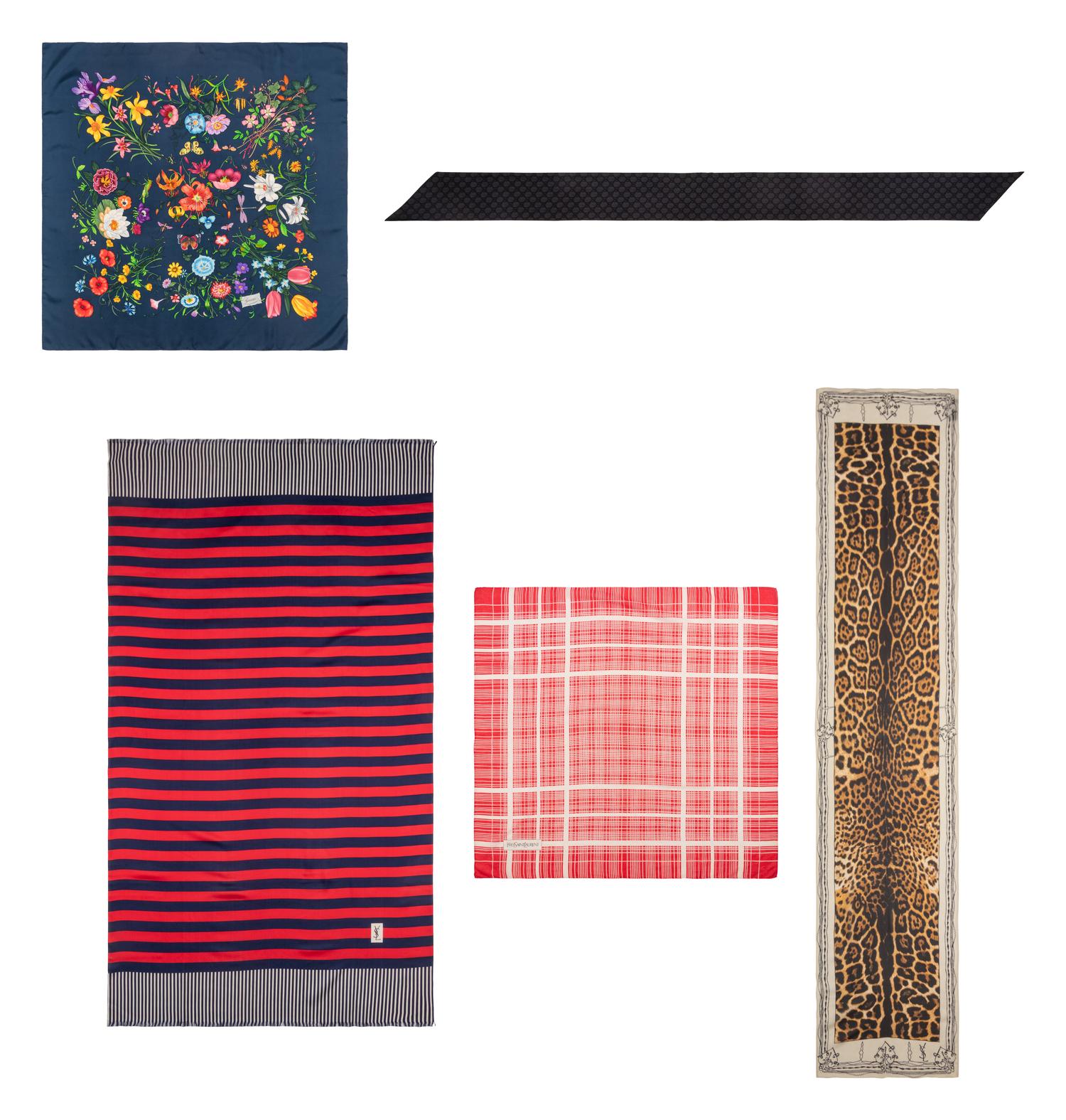 Two Gucci Scarves and Three Yves Saint Laurent Scarves