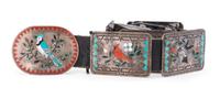 Silver and Mosaic Inlay Concha Belt, with Multiple Bird Species Lot is located and will ship from Denver, Colorado.