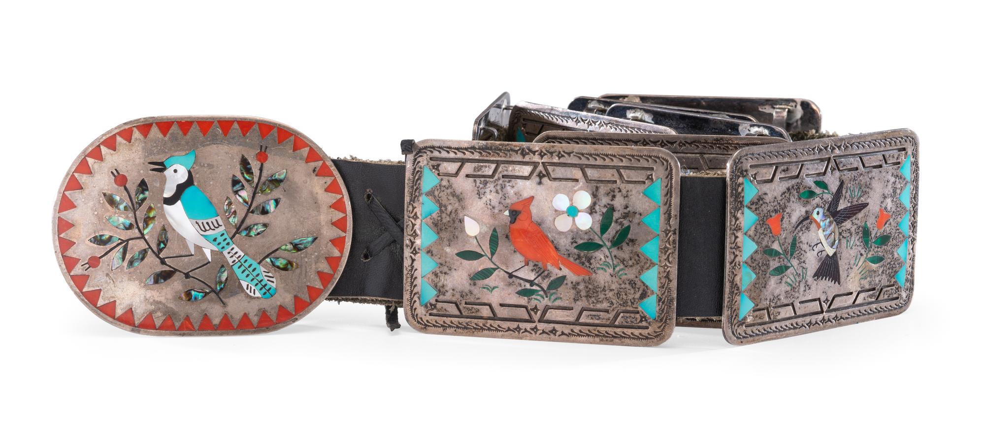 Silver and Mosaic Inlay Concha Belt, with Multiple Bird Species Lot is located and will ship from Denver, Colorado.