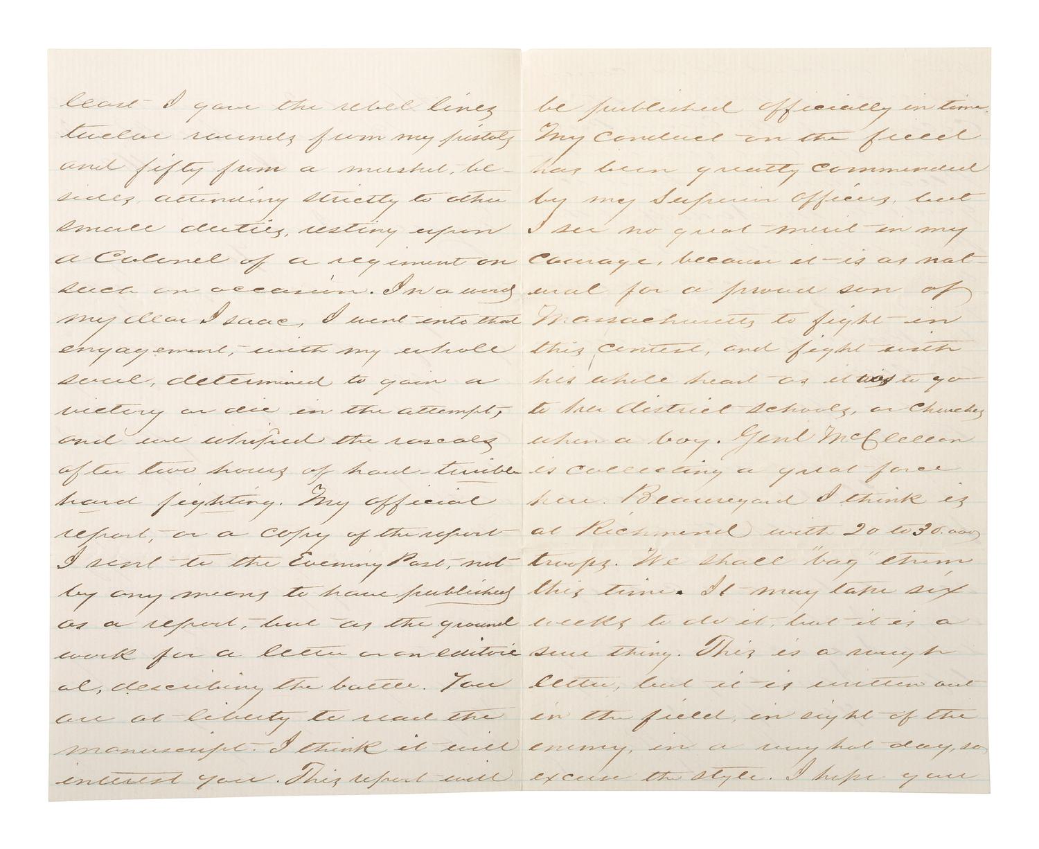 [CIVIL WAR]. General James C. Rice, KIA at Spotsylvania Court House. ALS describing the Battle of Hanover Court House. "Head Quarters 44th N.Y.V. Bivouac, New Bridge Va," 12 June 1862.
