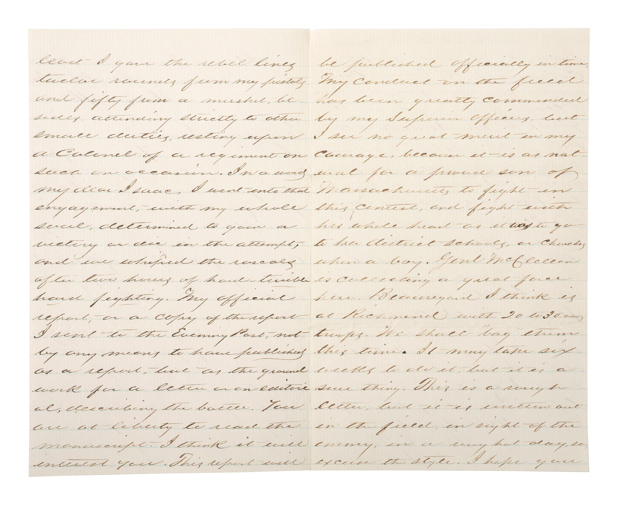 [CIVIL WAR]. General James C. Rice, KIA at Spotsylvania Court House. ALS describing the Battle of Hanover Court House. "Head Quarters 44th N.Y.V. Bivouac, New Bridge Va," 12 June 1862.