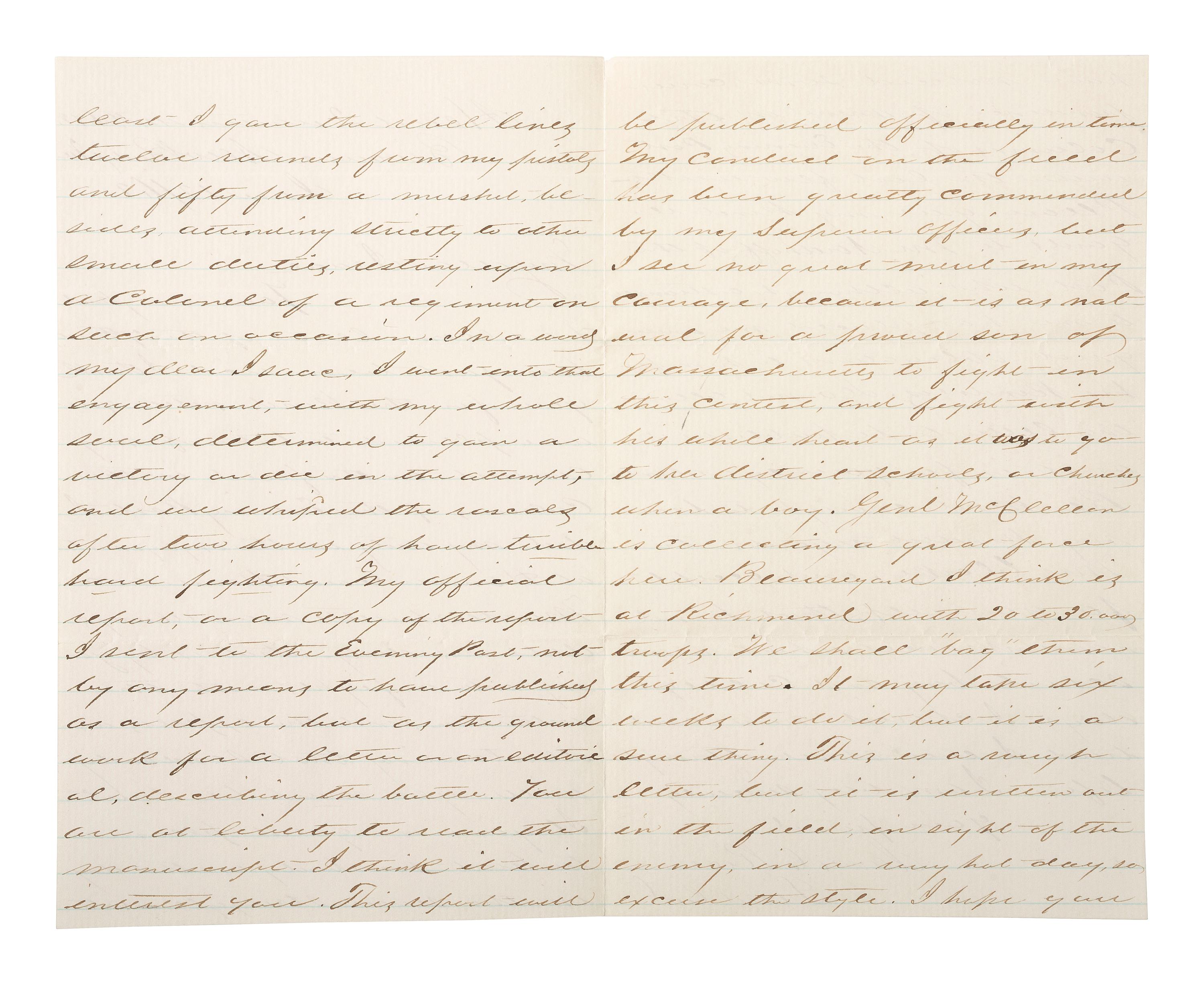 [CIVIL WAR]. General James C. Rice, KIA at Spotsylvania Court House. ALS describing the Battle of Hanover Court House. "Head Quarters 44th N.Y.V. Bivouac, New Bridge Va," 12 June 1862.