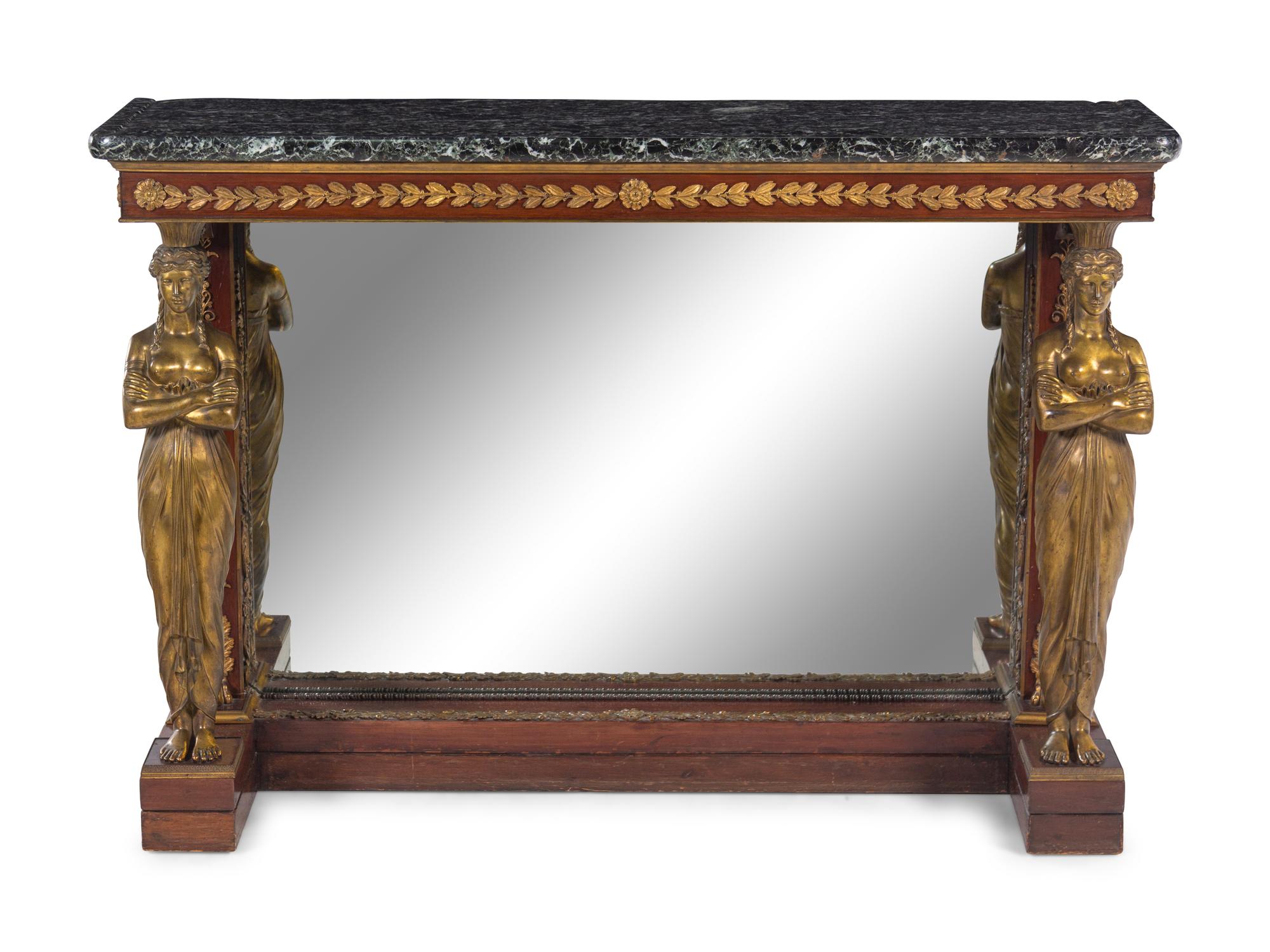 An Empire Style Gilt Bronze Mounted Mahogany and Mirrored Marble-Top Pier Table