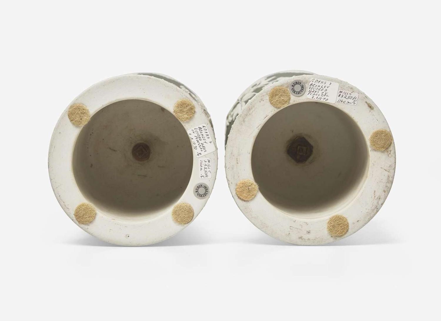 A Pair of Adams & Bromley Green Dip Jasperware Potpourri and Covers, UK, circa 1880