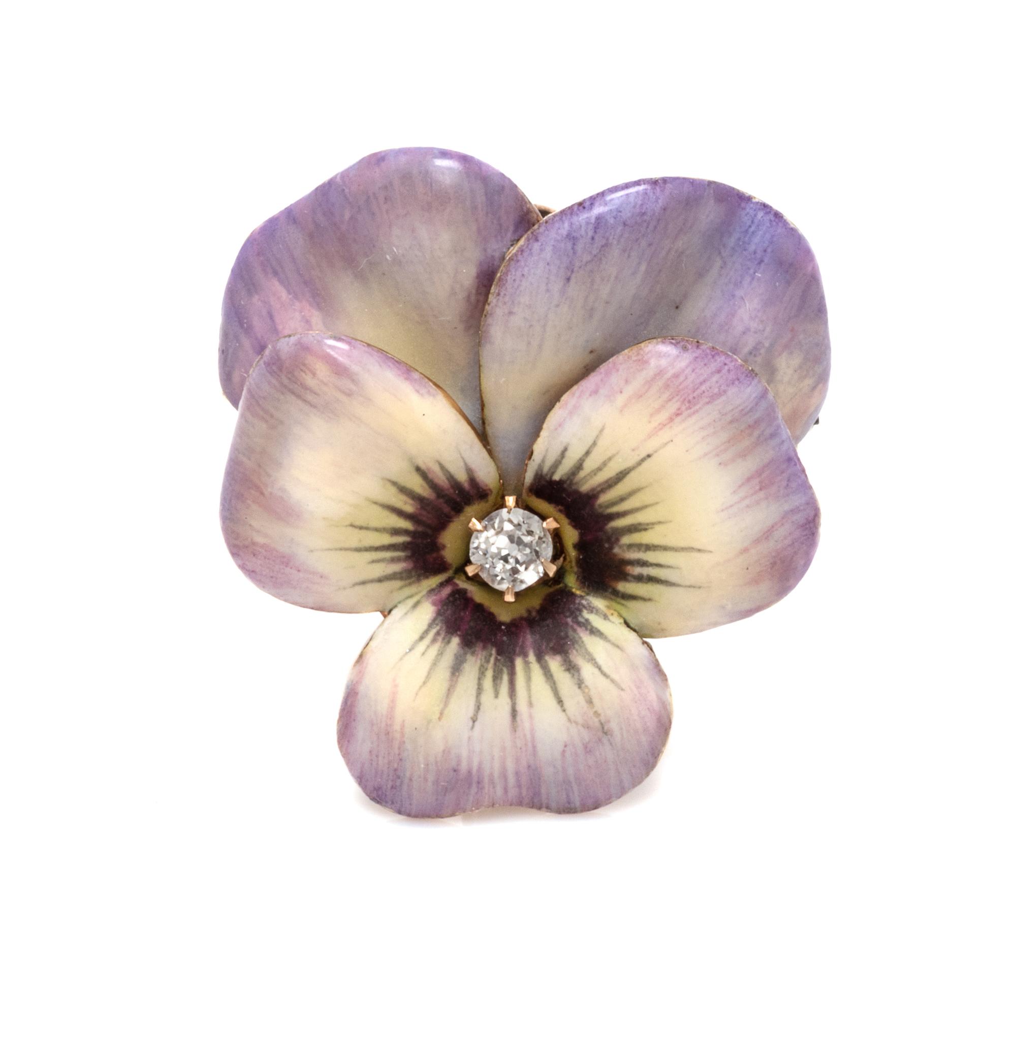 A Yellow Gold, Polychrome Enamel and Diamond Pansy Pendant/Brooch, 2.80 dwts.