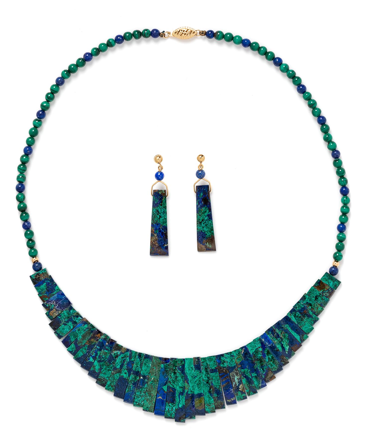 A 14 Karat Yellow Gold and Azure Malachite Demi-Parure,