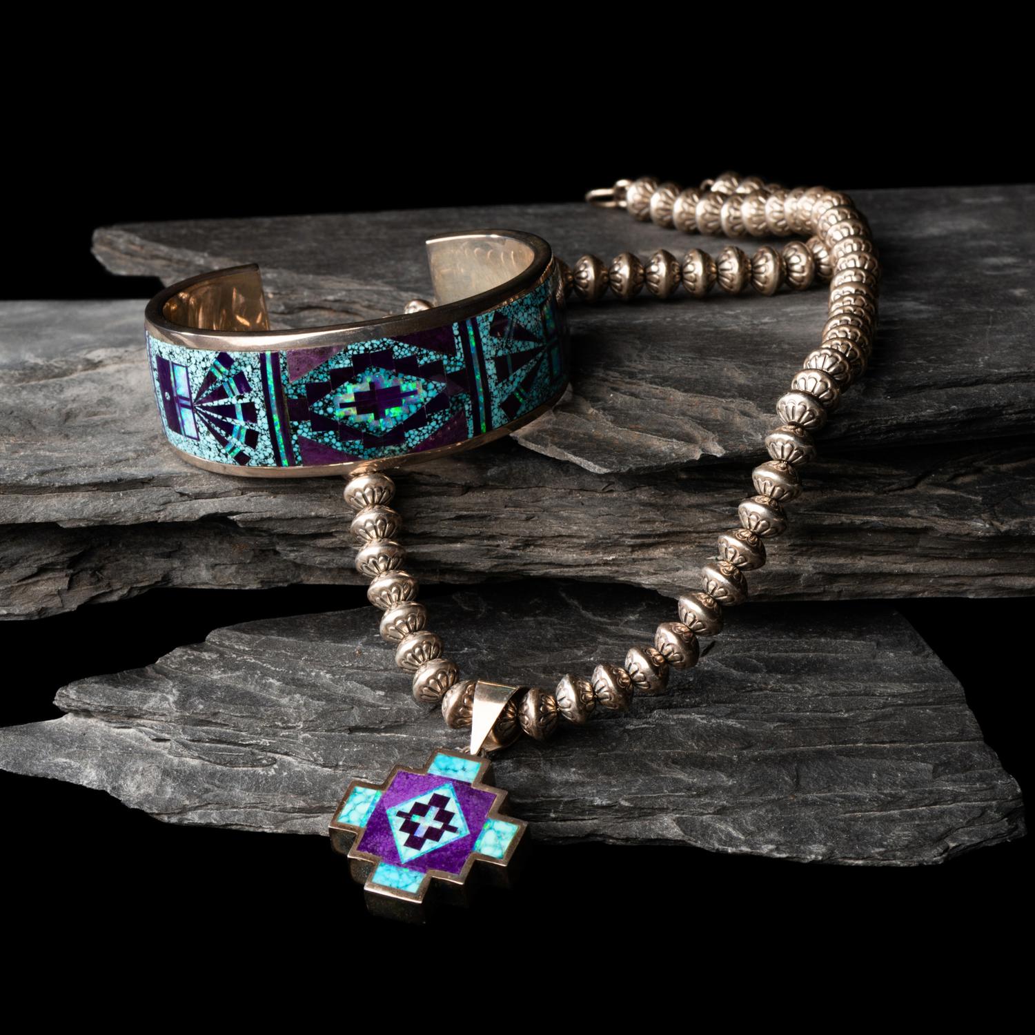Peterson Chee (Diné, 20th century) — Sterling Silver and Mosaic Inlay Cuff Bracelet and Matching Necklace