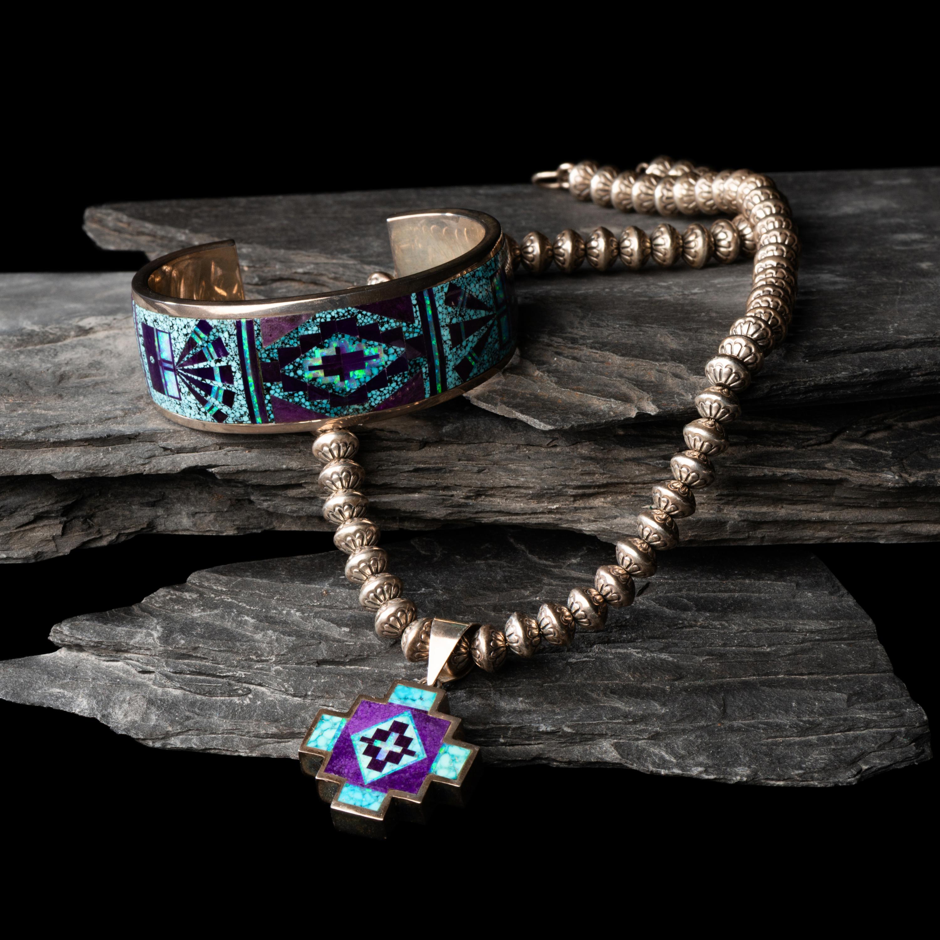Peterson Chee (Diné, 20th century) — Sterling Silver and Mosaic Inlay Cuff Bracelet and Matching Necklace
