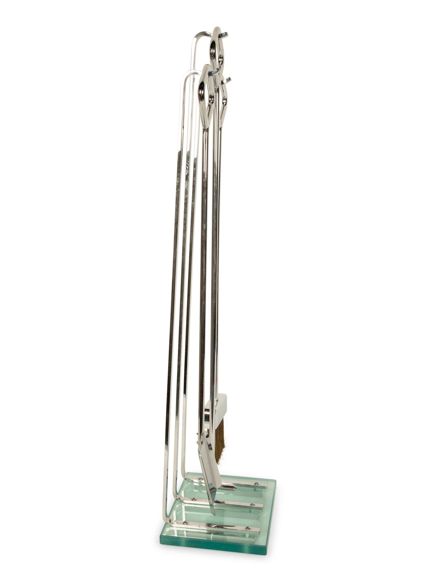 A Set of Modernist Chromed Fireplace Tools on Stand