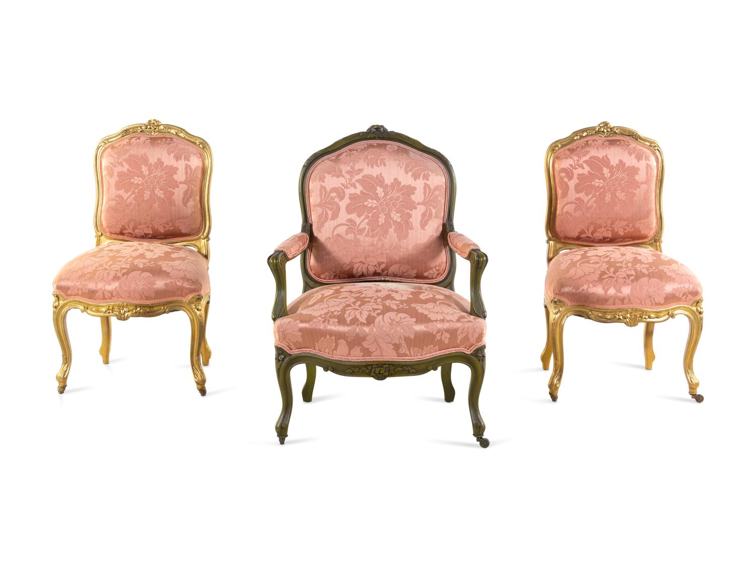 A Set of Three Louis XV Style Giltwood Chairs