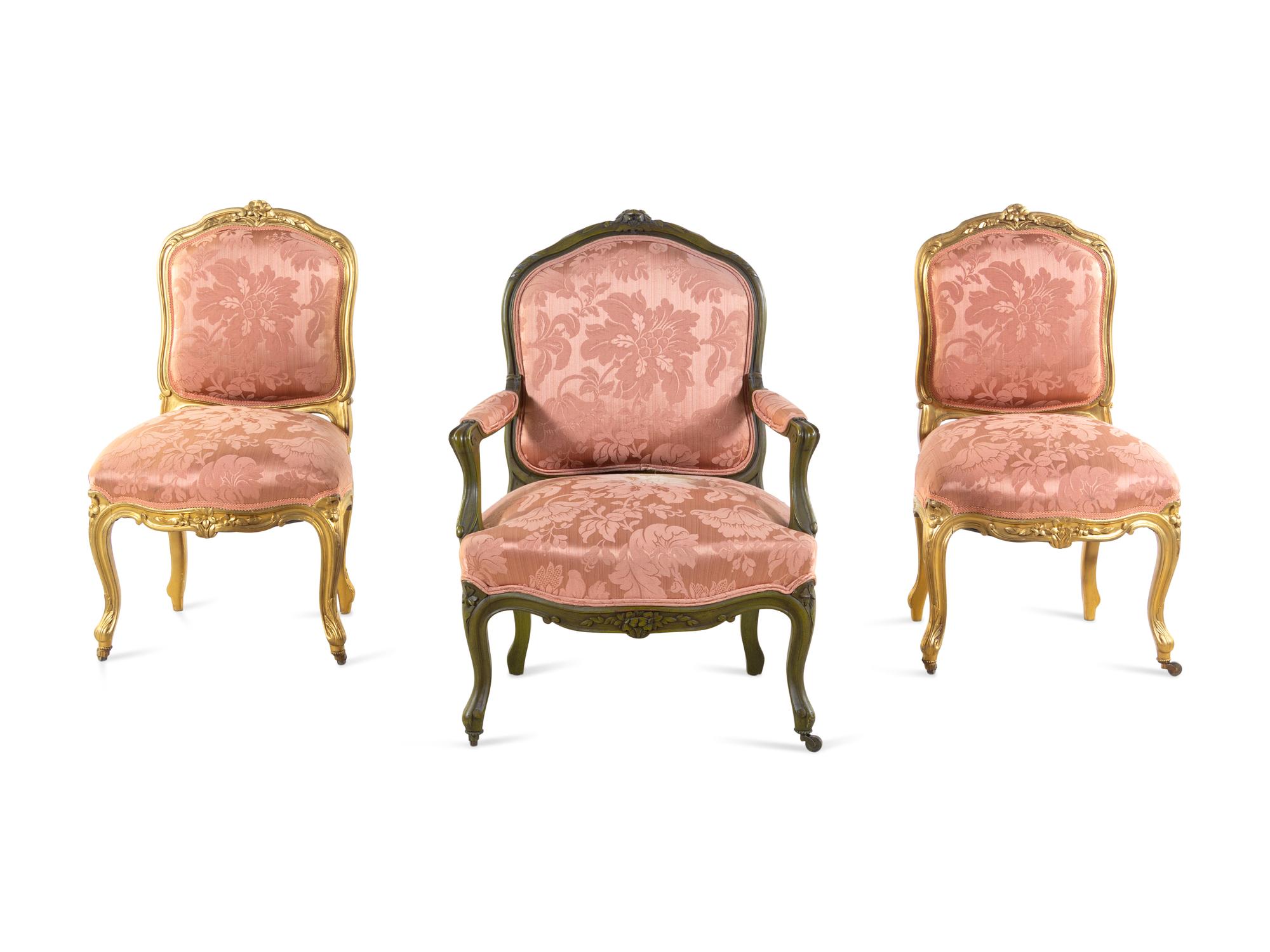 A Set of Three Louis XV Style Giltwood Chairs