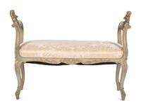 A Continental Painted and Parcel Gilt Bench