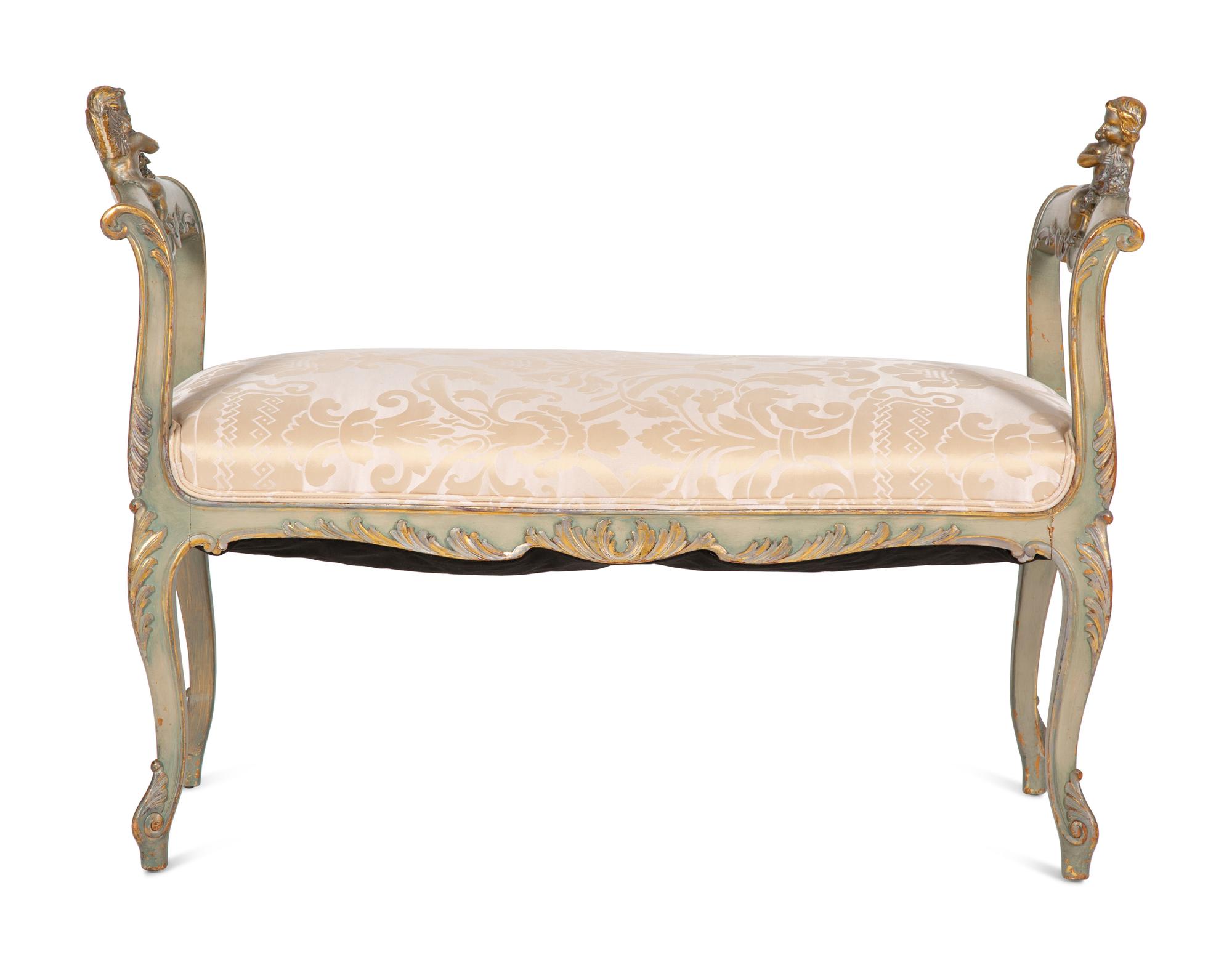A Continental Painted and Parcel Gilt Bench