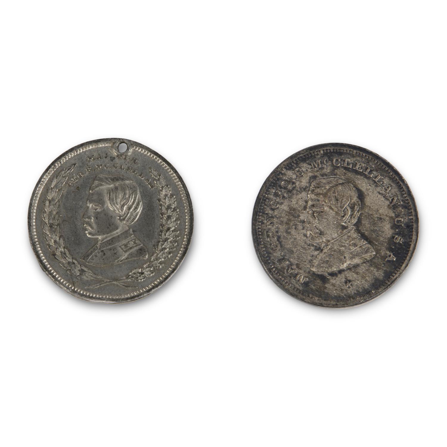 [Politics]. George McClellan presidential campaign ferrotype with accompanying tokens.