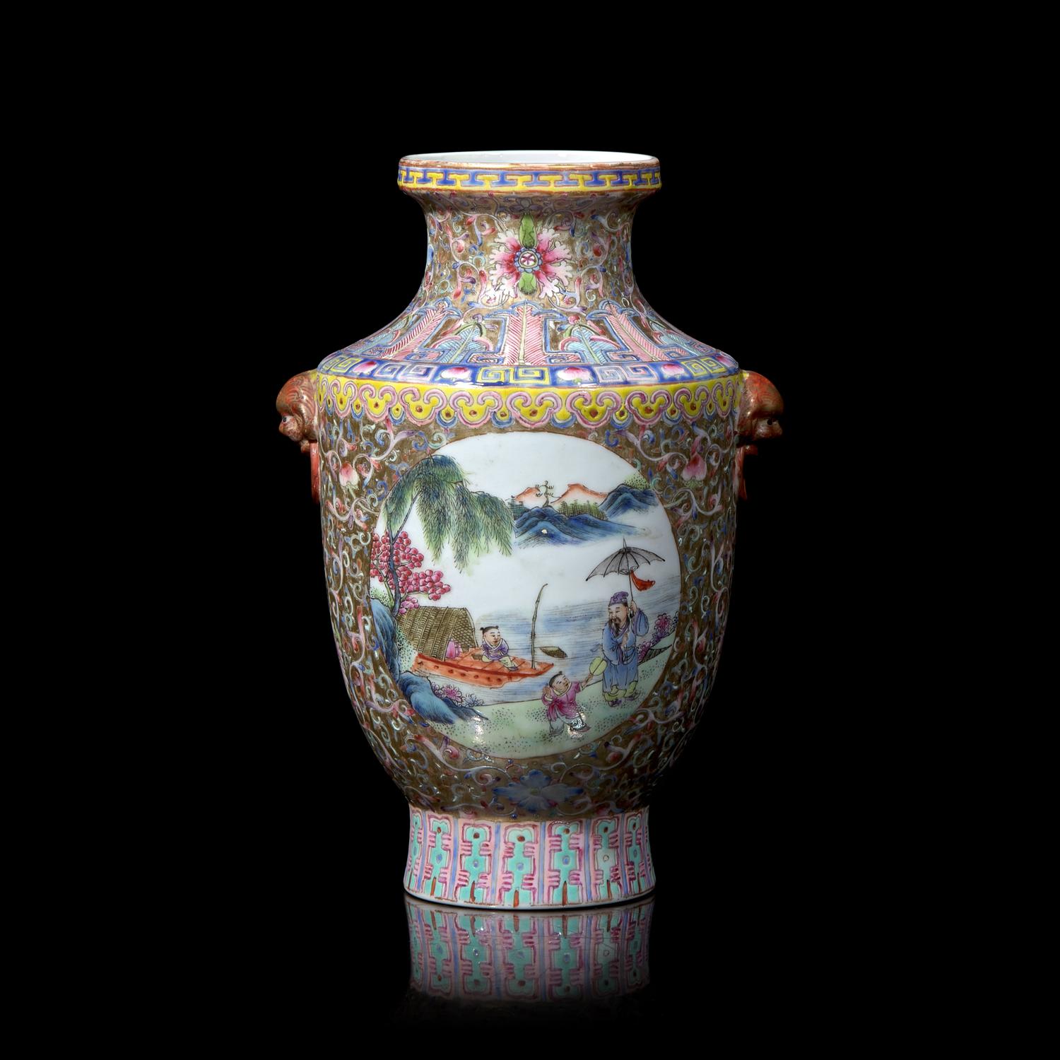 A Chinese Famille Rose ‘Figures in a Landscape’ Vase, Republic Period 民國 黃地粉彩開光人物山水圖瓶