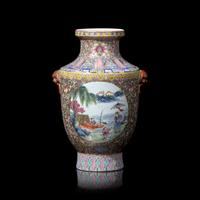 A Chinese Famille Rose ‘Figures in a Landscape’ Vase, Republic Period 民國 黃地粉彩開光人物山水圖瓶