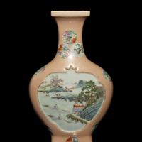 A Pair of Chinese Apricot Ground Famille Rose Porcelain 'Landscape' Vases, 20th Century — 近代 杏子地粉彩開光山水圖瓶一對